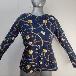 KIM ROGERS Women Navy Blue Equestrian Graphic Print Long Sleeve Shirt Petit Med